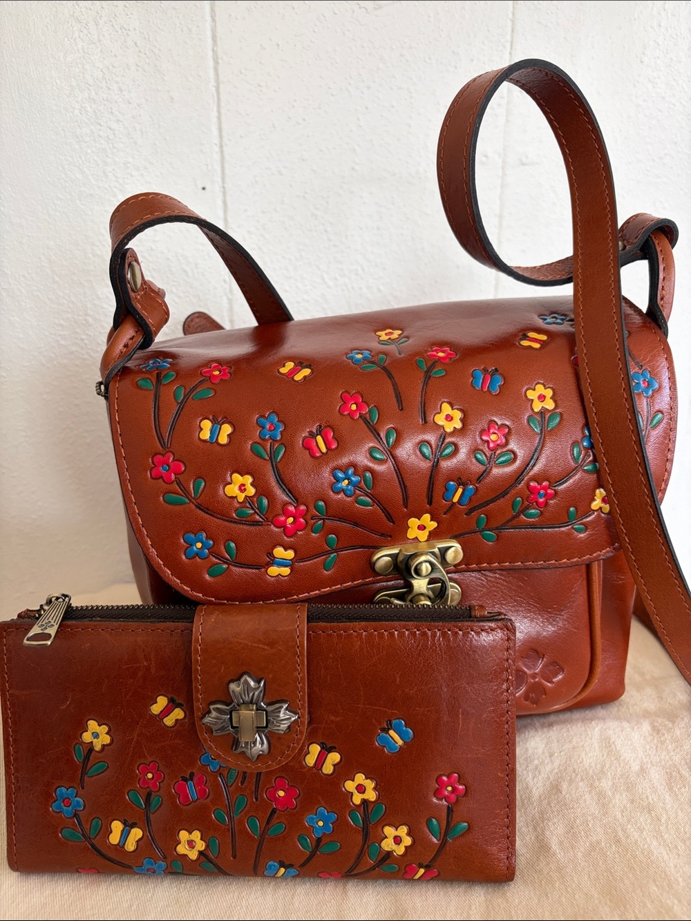 Patricia Nash Brown Leather Floral Embossed Crossbody with Matching Wallet